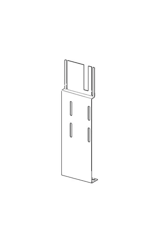 Grundplatte von HANSA, mit mehreren vertikalen und horizontalen Aussparungen sowie einer seitlichen Befestigung. Weißes, flaches Design.